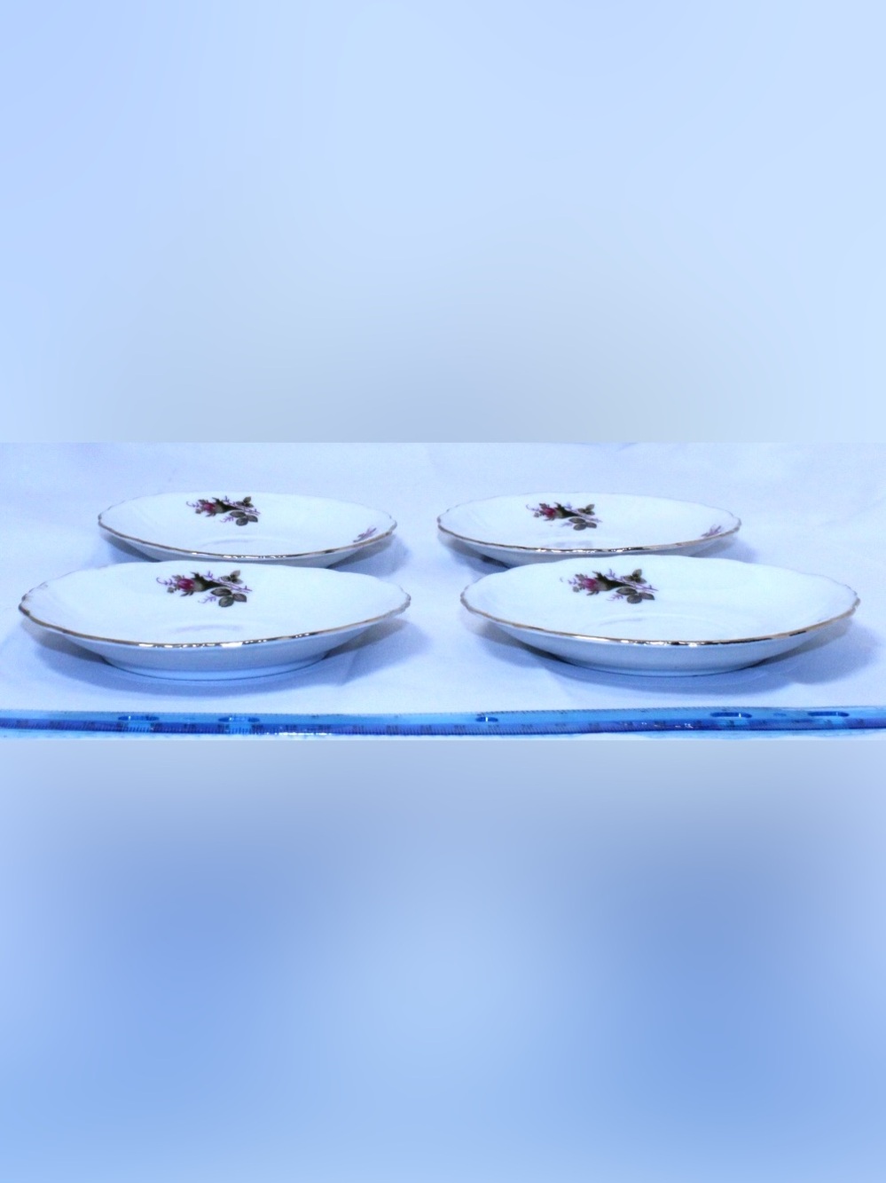 Vintage Set of FOUR Royal Sealy MOSS ROSE Porcelain Saucers